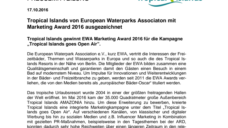 Tropical Islands von European Waterparks Associaton mit Marketing Award 2016 ausgezeichnet