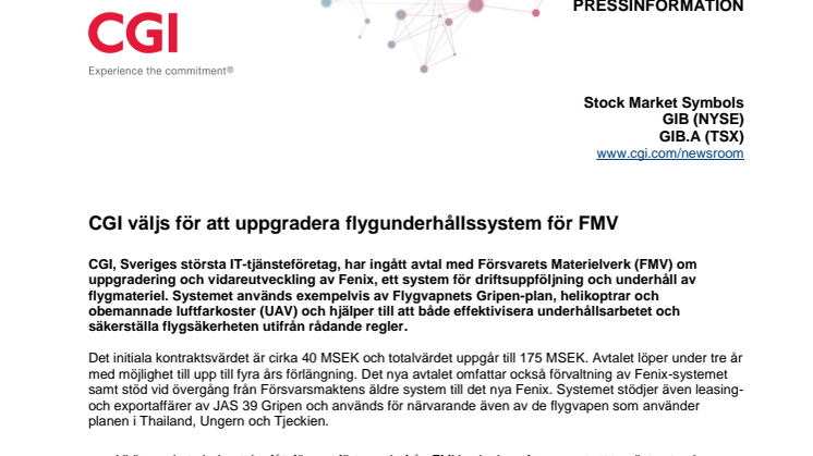 CGI väljs för att uppgradera flygunderhållssystem för FMV