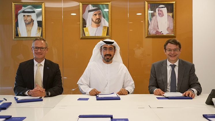 Dr Udo Huenger, Vice President and Head of BASF Market Area Middle East, Ahmad Hamad Bin Fahad, CEO of DUBAL Holding LLC and Christian Lach, Chief Commercial Officer of Quantafuel ASA, at the signature ceremony.