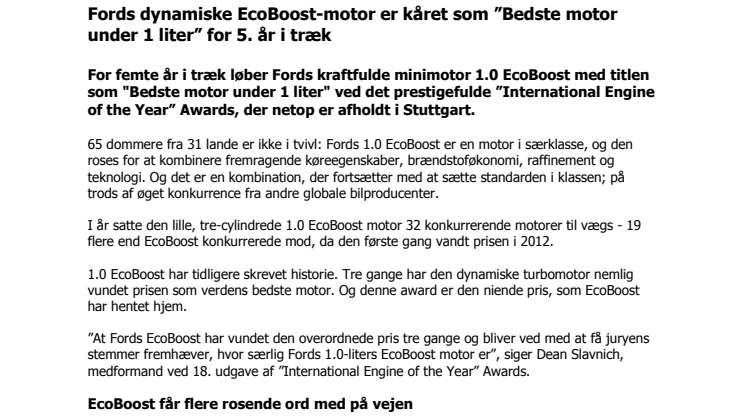 Fords dynamiske EcoBoost-motor er kåret som ”Bedste motor under 1 liter” for 5. år i træk