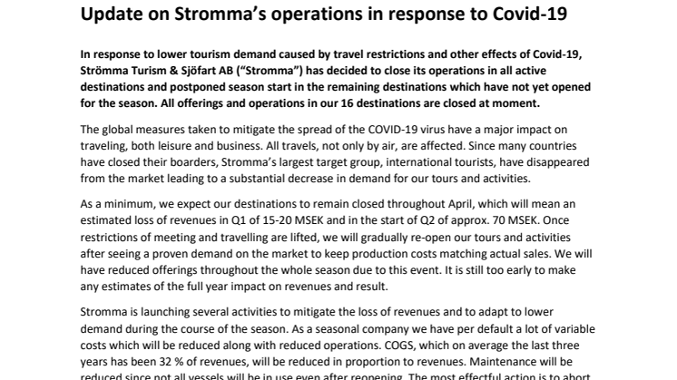 Update on Stromma’s operations in response to Covid-19 