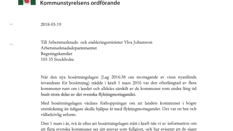 Brev till arbetsmarknads- och etableringsminister Ylva Johansson