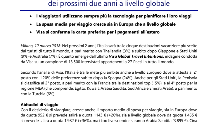 L’Italia tra le top 5 destinazioni turistiche  dei prossimi due anni a livello globale