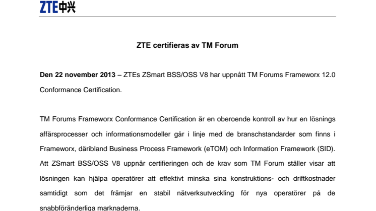 ZTE certifieras av TM Forum 