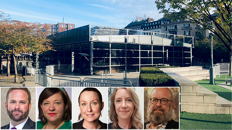 De grönblå gruppledarna i Stockholms kulturnämnd: ordf. Jonas Naddebo (C), Hanna Gerdes (L), Kristina Lutz (M),  Johanna Holmdahl Hedin (KD) och Micke Seid (MP).