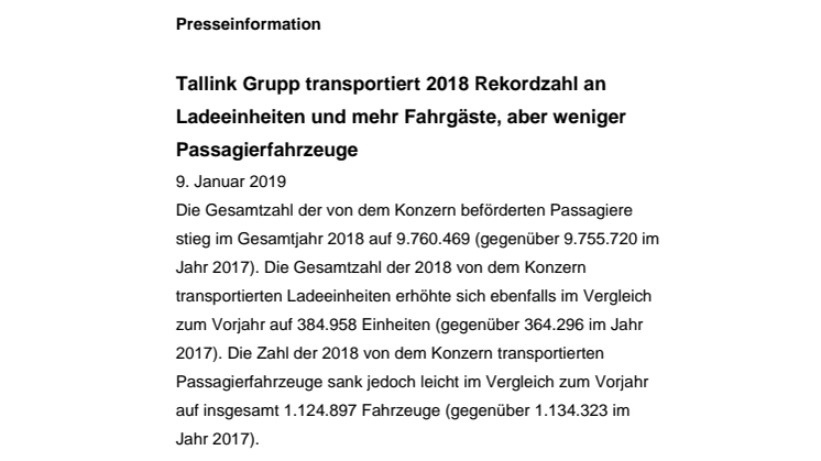 Tallink Grupp transportiert 2018 Rekordzahl an Ladeeinheiten und mehr Fahrgäste, aber weniger Passagierfahrzeuge