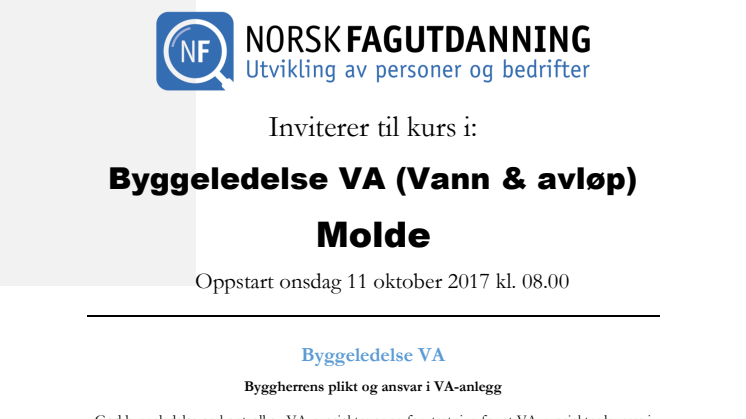 Invitasjon til kurs i byggeledelse VA i Molde med oppstart 11 oktober 2017
