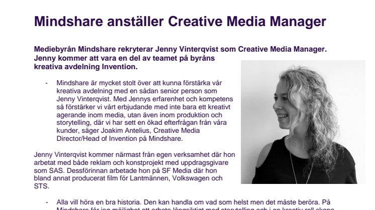 Jenny Vinterqvist till Mindshare