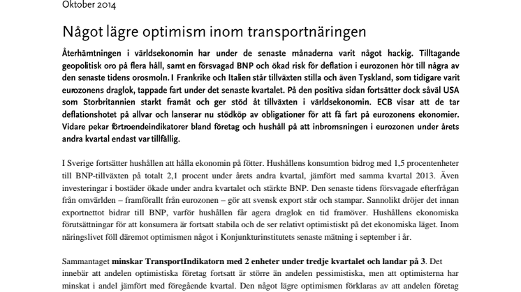 Fortsatt minskad optimism inom transportnäringen