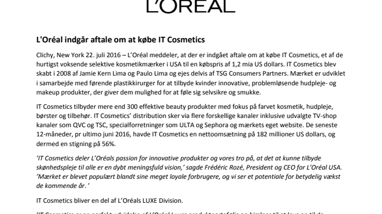 L'Oréal indgår aftale om at købe det amerikanske mærke IT Cosmetics