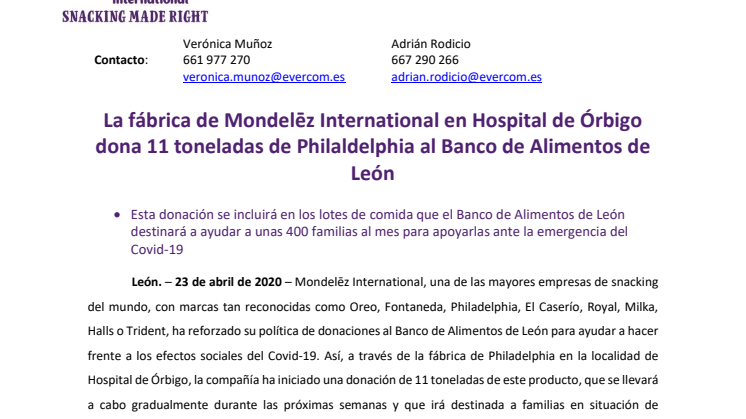 La fábrica de Mondelēz International en Hospital de Órbigo dona 11 toneladas de Philaldelphia al Banco de Alimentos de León 
