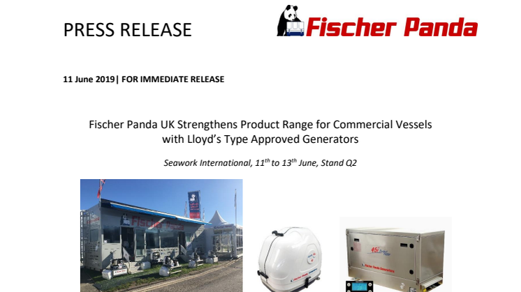 Seawork International - Fischer Panda UK Strengthens Product Range for Commercial Vessels with Lloyd’s Type Approved Generators 