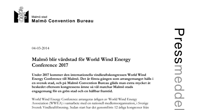 Malmö blir värdstad för World Wind Energy Conference 2017