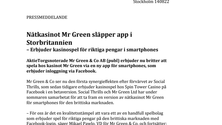 Nätkasinot Mr Green släpper app i Storbritannien