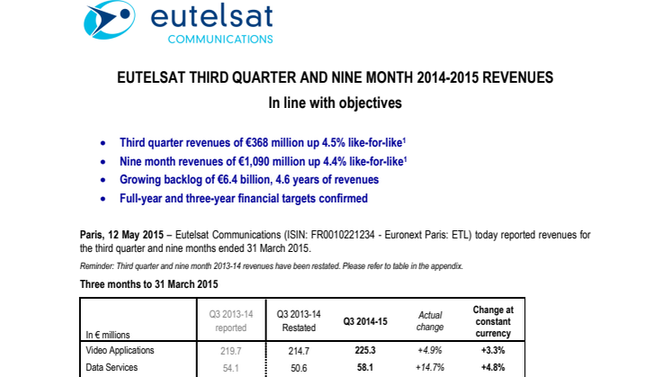 EUTELSAT THIRD QUARTER AND NINE MONTH 2014-2015 REVENUES 