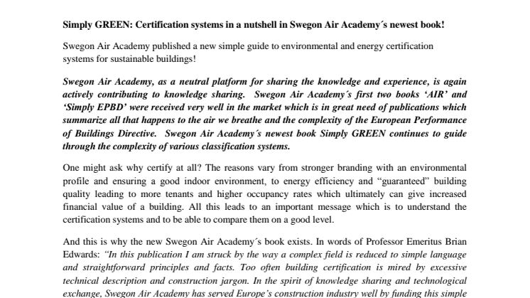 Simply GREEN: Certification systems in a nutshell in Swegon Air Academy´s newest book!