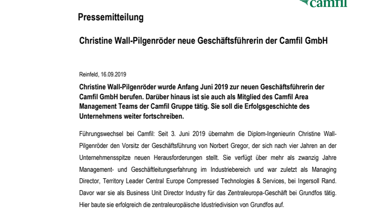 Christine Wall-Pilgenröder neue Geschäftsführerin der Camfil GmbH
