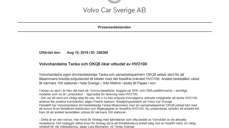 Volvohandelns Tanka och OKQ8 ökar utbudet av HVO100