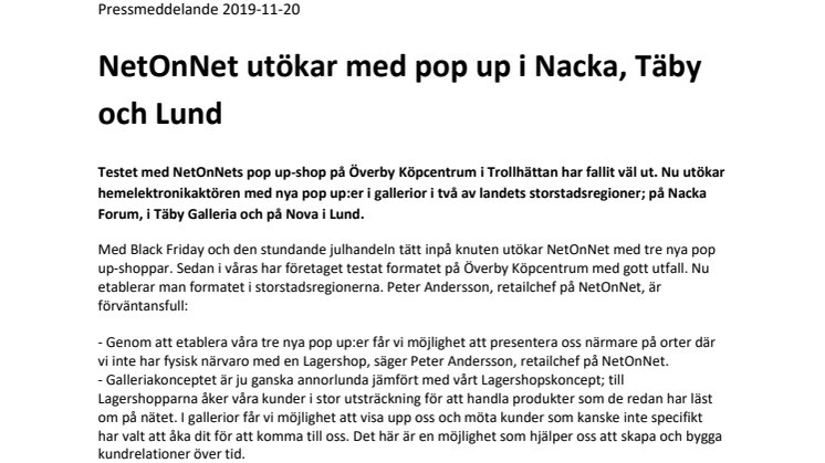 NetOnNet utökar med pop up i Nacka, Täby och Lund