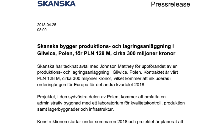 Skanska bygger produktions- och lagringsanläggning i Gliwice, Polen, för PLN 128 M, cirka 300 miljoner kronor