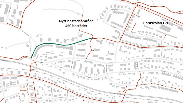 Den grönmarkerade gång- och cykelvägen vid Getbergsvägen är en av tre åtgärder som fått stöd av Trafikverket.