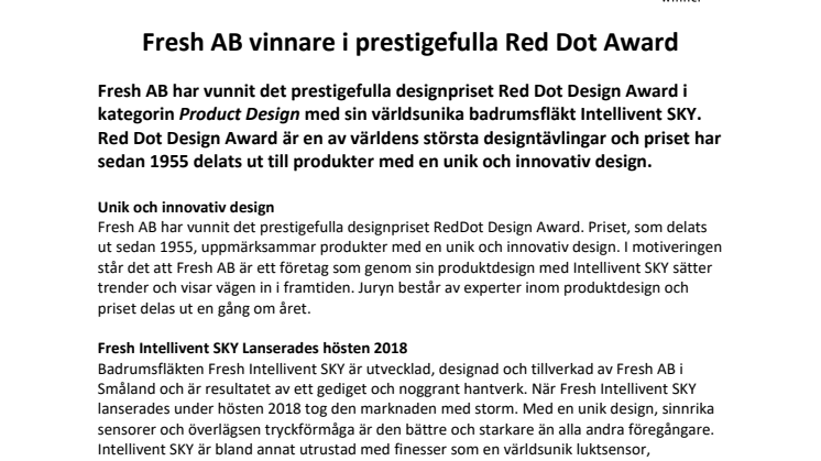 Fresh AB vinnare i prestigefulla Red Dot Award