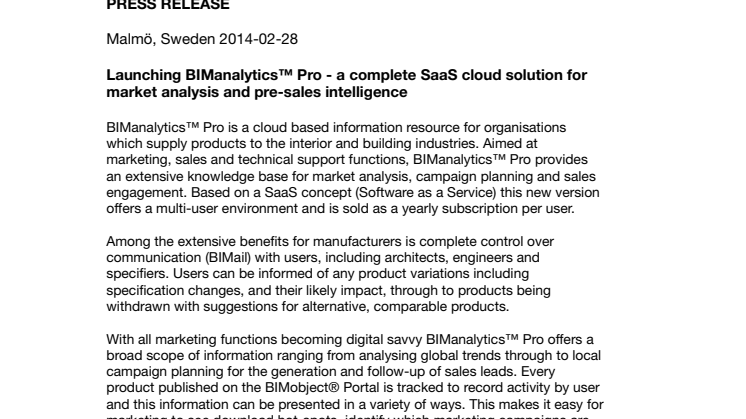 Launching BIManalytics™ Pro - a complete SaaS cloud solution for market analysis and pre-sales intelligence