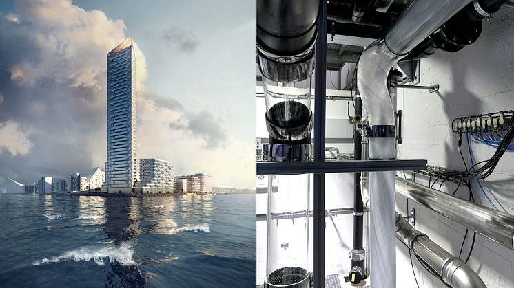 Foto til venstre: Visualisering af Lighthouse udført af 3XN. Foto til højre: Geberit SuperTube