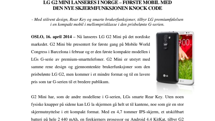 LG G2 MINI LANSERES I NORGE – FØRSTE MOBIL MED  DEN NYE SKJERMFUNKSJONEN KNOCK CODE
