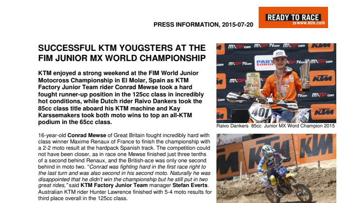 SUCCESSFUL KTM YOUGSTERS AT THE FIM JUNIOR MX WORLD CHAMPIONSHIP