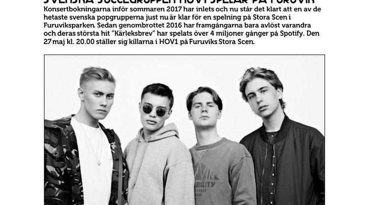 Svenska succégruppen Hov1 spelar på Furuvik
