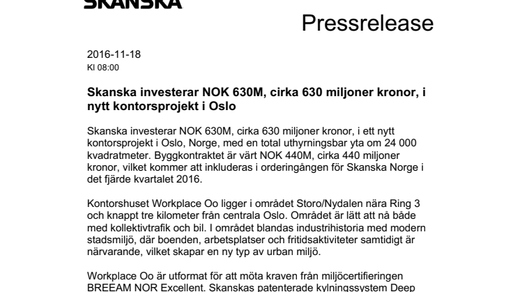 Skanska investerar NOK 630M, cirka 630 miljoner kronor, i nytt kontorsprojekt i Oslo