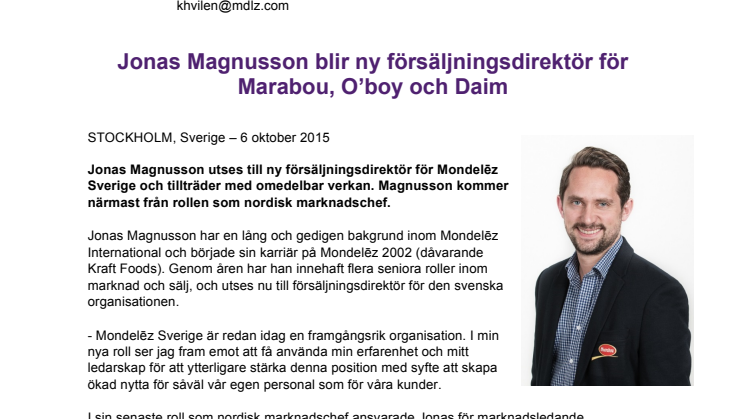 Jonas Magnusson blir ny försäljningsdirektör för Marabou, O'boy och Daim