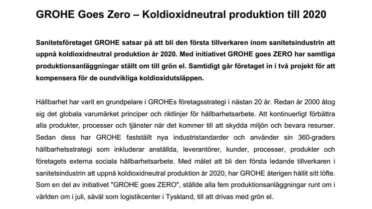 GROHE Goes Zero – Koldioxidneutral produktion till 2020 