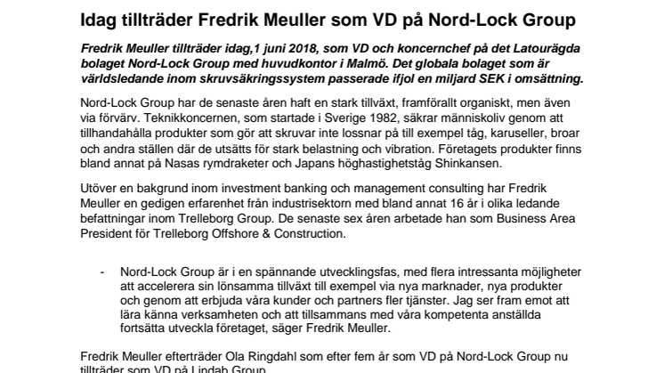 Idag tillträder Fredrik Meuller som VD på Nord-Lock Group