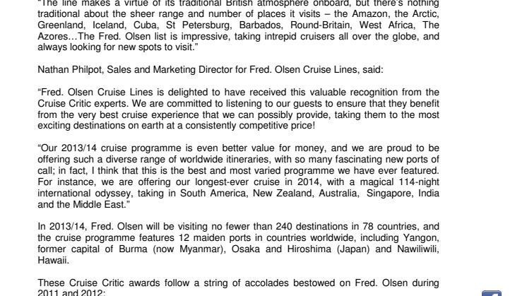 Fred. Olsen Cruise Lines scoops  ‘Best Value for Money’ and ‘Best for Itineraries’  in the ‘2012 Cruise Critic UK Editors’ Picks Awards’  