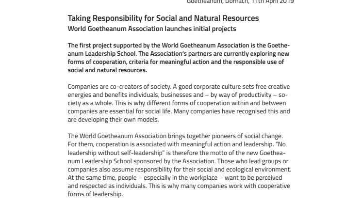 Taking Responsibility for Social and Natural Resources. ​World Goetheanum Association launches initial projects