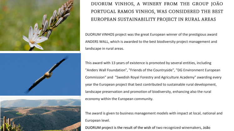 Pressmeddelande Hermansson & Co- Duorum Vinhos utsett till bästa europeiska hållbarhetsprojekt! 