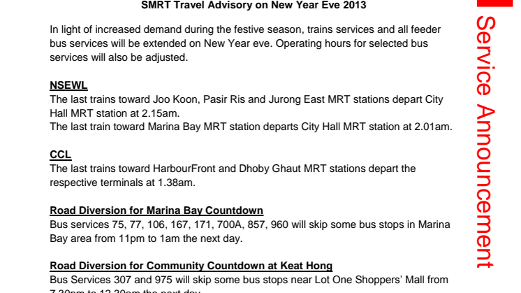 SMRT Travel Advisory on New Year Eve 2013