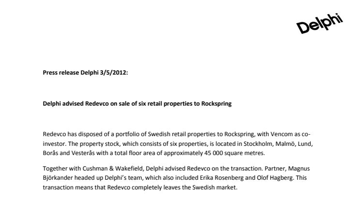 Delphi advised Redevco on sale of six retail properties to Rockspring
