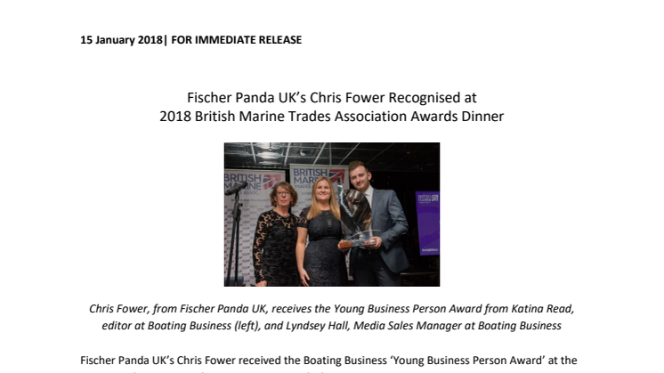 Fischer Panda UK’s Chris Fower Recognised at  2018 British Marine Trades Association Awards Dinner