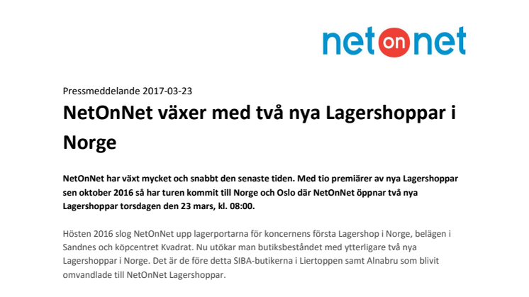 NetOnNet växer med två nya Lagershoppar i Norge