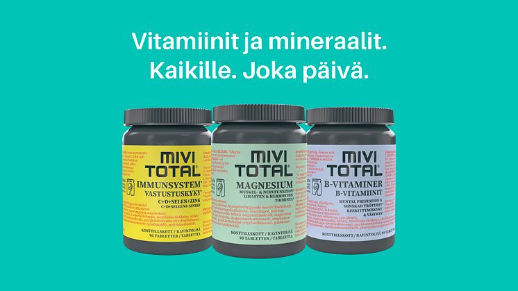 Mivitotalin uudet ravintolisät kasvipohjaisessa pakkauksessa.