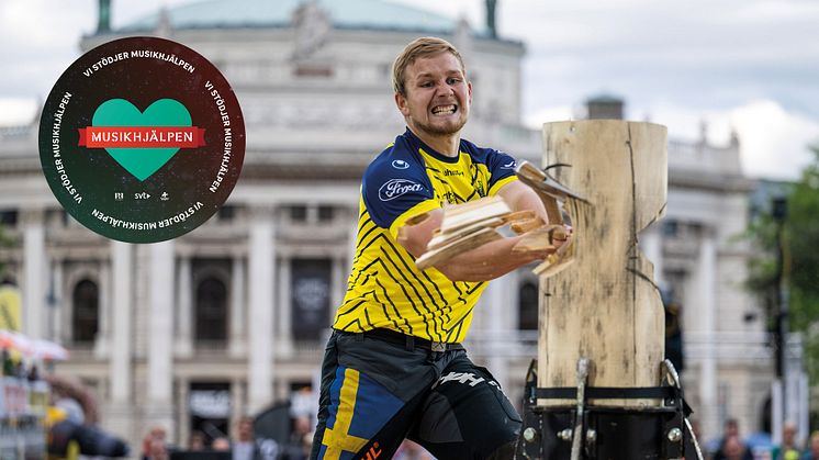 Emil Hansson och de svenska TIMBERSPORTS® atleterna bjuder på uppvisning den 14 december, i samband med insamling till Musikhjälpen.