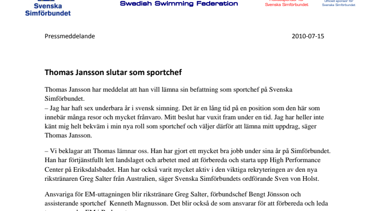Thomas Jansson slutar som sportchef