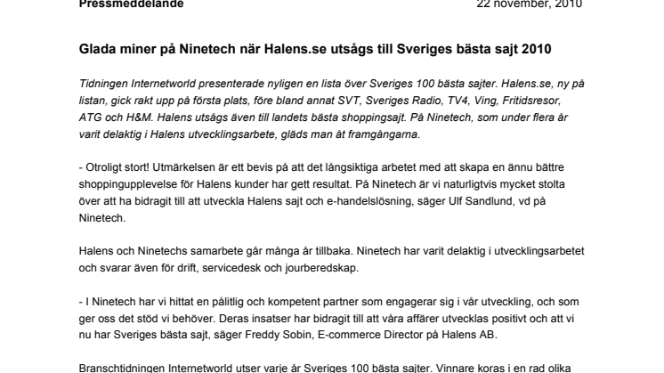 Glada miner på Ninetech när Halens.se utsågs till Sveriges bästa sajt 2010