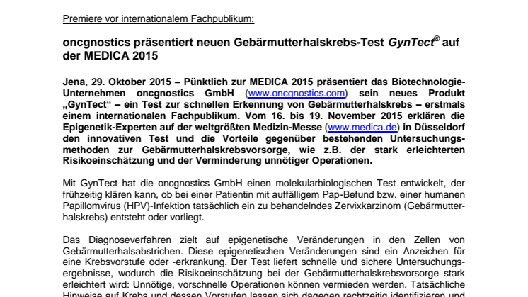 Premiere vor internationalem Fachpublikum: oncgnostics präsentiert neuen Gebärmutterhalskrebs-Test GynTect® auf der MEDICA 2015