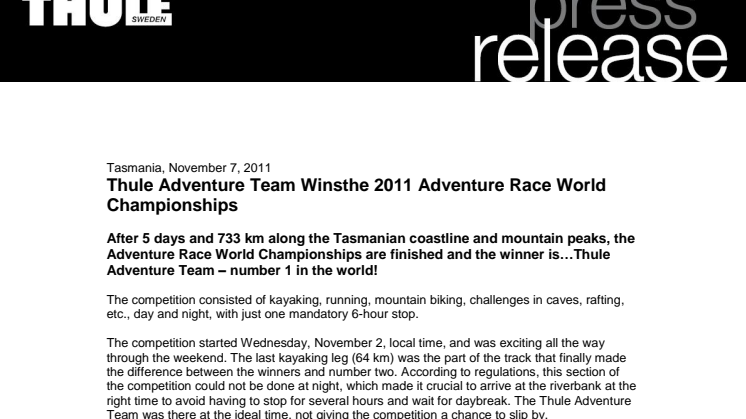 Thule Adventure Team Wins the 2011 Adventure Race World Championships