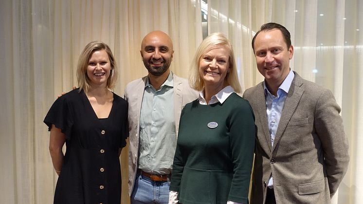 På bilden: Christine Fraser - Scandic, Yashar Moradbakhti - Lingio, Eva Kristensson - Sodexo, Johan Schilow - IFMA.