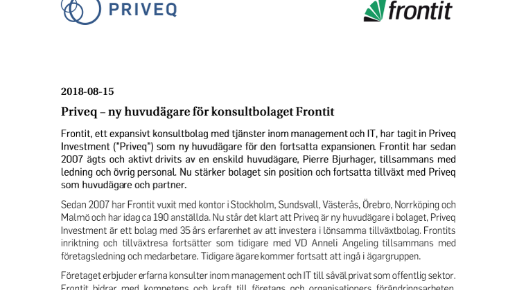 Priveq - ny huvudägare för konsultbolaget Frontit